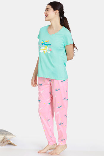 Buy Zivame Autumn Leaves Knit Cotton Pyjama Set Pink Ice at Rs